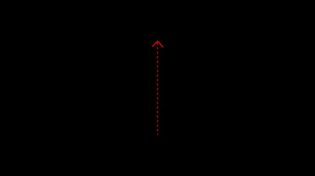 up arrow direction icon with dotted line animation on black background. dot arrows icon sign animated with alpha channel. red up straight arrows animation. 4k motion video animation.