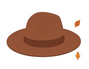 Brown fedora with a band, and two falling autumn leaves, on a white background