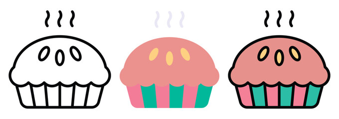 Muffin Dessert Icon Set in Outline, Color & Flat Style