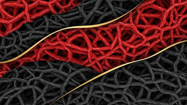 Vascular Conflict: Abstract Texture of Intertwined Red and Black Organic Veins Separated by Dynamic Gold Lines