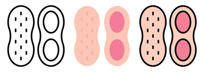 Raw and Shelled Peanuts with Nut Kernel Inside Icon Set in Outline, Color & Flat Style