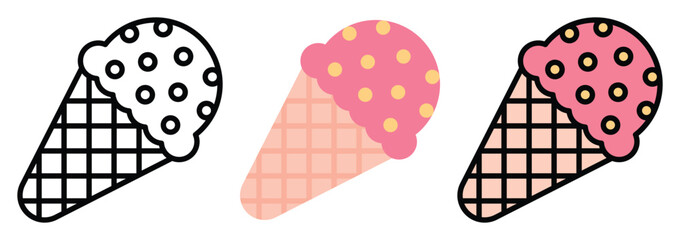 Strawberry Ice Cream Cone with Waffle Texture and Sprinkles Icon Set in Outline, Color & Flat Style