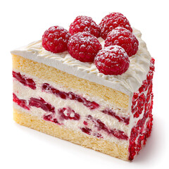 A slice of raspberries-and-cream cake with soft frosting, isolated on white background.