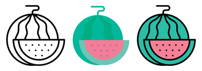 Water Melon Fruit Icon Set in Outline, Color & Flat Style