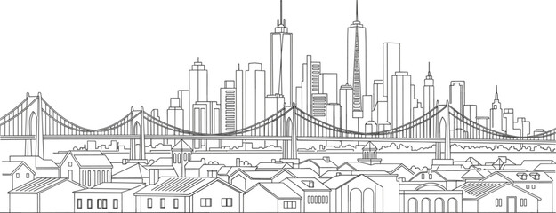Obraz premium Single Line Cityscape Outline with Skyscrapers and Urban Blocks.