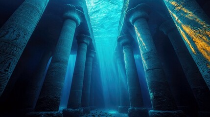 An underwater view of an ancient temple with tall columns, illuminated by sunlight filtering through the water.