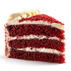 A slice of red velvet cake with cream cheese frosting, isolated on white background.