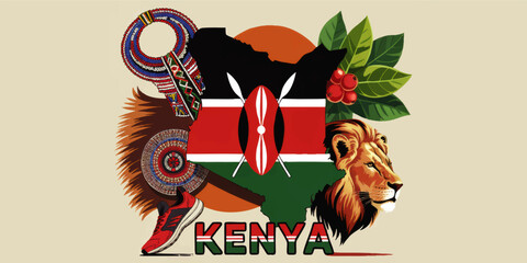 Kenya cultural illustration with flag map, Maasai beadwork, coffee plant, lion safari wildlife and marathon running shoe