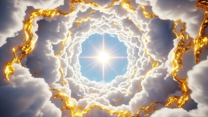 Ethereal golden portal in the clouds leading to bright celestial light