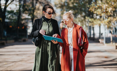 Fototapeta premium Two fashionable women walk through an urban street, one in a green dress with a black coat and the other in an orange coat, reviewing a blue clipboard and chatting.