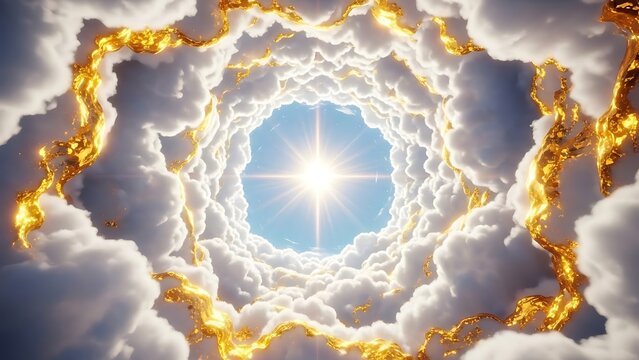 Ethereal golden portal in the clouds leading to bright celestial light
