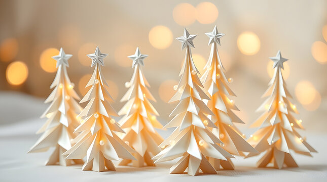 Handcrafted White Paper Christmas Trees with Glowing Lights and Silver Stars