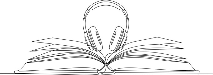 Single Line Online Audio Learning Icon with Open Book and Earphones.