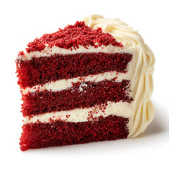 A slice of red velvet cake with cream cheese frosting, isolated on white background.