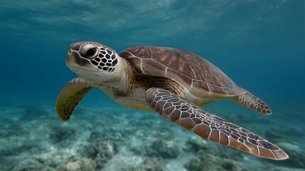 Fototapeta premium A green sea turtle gracefully swims through clear blue ocean water over a coral reef