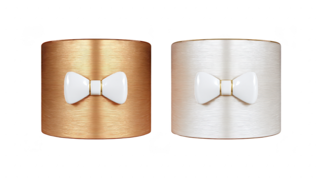 Gold and silver cylindrical containers with white bow accents, modern metallic finish, elegant and minimalistic design, suitable for home decor or storage, isolated on transparency background