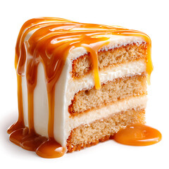 A slice of salted caramel cake dripping with caramel sauce, isolated on white background.