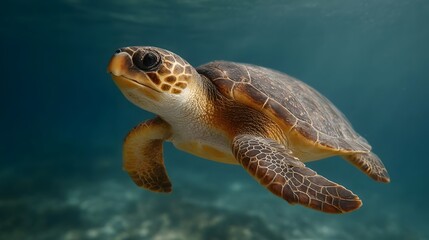 Fototapeta premium A young loggerhead sea turtle swims gracefully in the clear blue ocean water