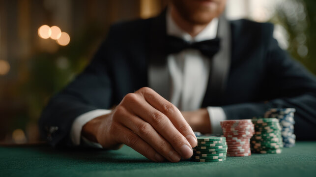 A close-up of a male hand in a tuxedo arranging poker chips on a green casino table. The scene captures the elegance and excitement of a high-stakes game in a refined setting