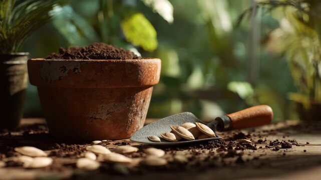 Ultra HD Closeup of a terracotta pot filled with soil, seeds, and a small trowel ready for planting indoors with soft natural light video