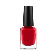 Fototapeta premium Bright Red Nail Polish in a Clear Glass Bottle on White Background for Beauty Styling