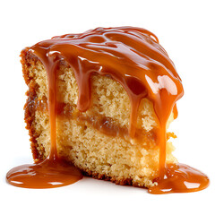 A slice of salted caramel cake dripping with caramel sauce, isolated on white background.
