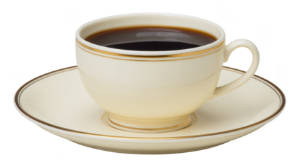 Porcelain cup with hot black coffee on matching saucer, elegant and classic style, isolated on transparency background, evoking calm and inviting atmosphere