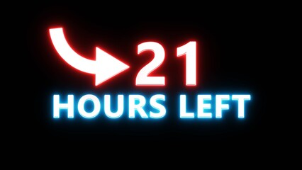 21 Hours left countdown number. Neon number with arrow icon illustration. Glowing countdown timer.