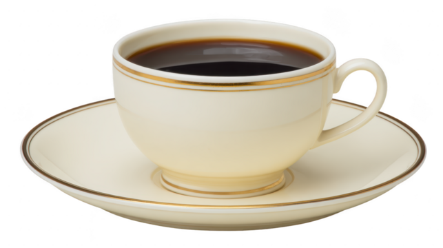 Porcelain cup with hot black coffee on matching saucer, elegant and classic style, isolated on transparency background, evoking calm and inviting atmosphere