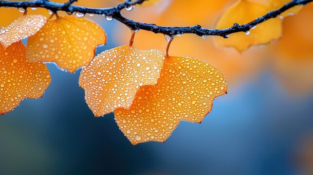 Close-up of vibrant yellow autumn leaves covered in water droplets, hanging from a branch against a blurred blue background.