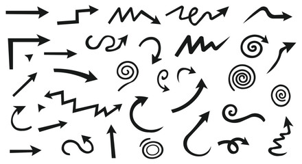 Collection of Different Arrow Illustrations Isolated on Transparent Background Vector Set of Black Arrows Doodle Style Design Elements Hand Drawn