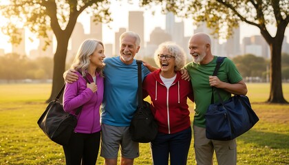 Joyful group of active senior friends laughing together in a city park after exercising outdoors