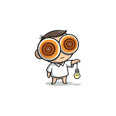 Cute cartoon boy with big eyes holding a light bulb.