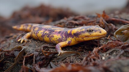 Obraz premium A vibrant patterned salamander with yellow and purple markings rests on a sandy beach covered in dark seaweed