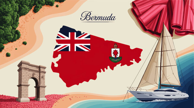 Bermuda travel illustration with island flag map, pink sand beach, sailboat yacht, tropical coastline and historical stone arch
