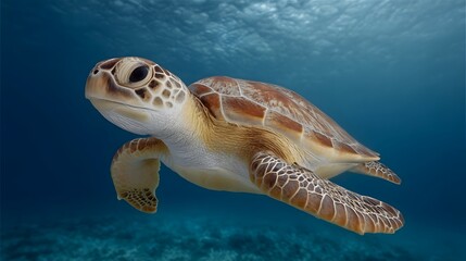 Fototapeta premium A graceful sea turtle swims through clear blue ocean waters its shell patterned with natural designs bathed in sunlight filtering from above