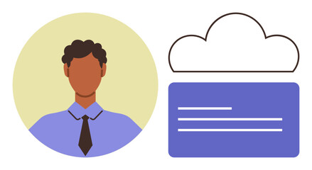 Avatar of man in formal attire beside cloud and text box. Ideal for concepts thumbs up online identity, remote work, data sharing, cloud computing, networking, digital communication, simple flat