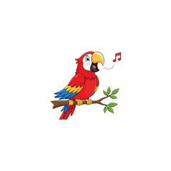 Cartoon Red Parrot Singing on a Branch with Musical Notes.