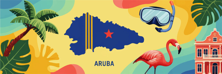 Colorful Aruba travel illustration with island map, flamingo, palm trees, snorkel mask and Caribbean beach vacation icons