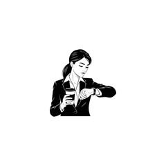 Businesswoman checking her watch while holding a coffee cup.