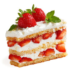 A slice of strawberry shortcake layered with cream and fresh strawberries, isolated on white background.