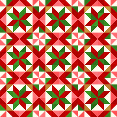 Fototapeta premium Festive seamless vector pattern with geometric stars, traditional colors red, green, beige, and white. Perfect for Christmas gift wrapping, cards, textiles, and seasonal design projects.