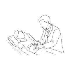 Doctor performing abdominal examination on patient, medical checkup line art illustration