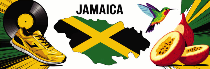 Colorful Jamaica culture illustration with island map flag, hummingbird, yellow sneaker, reggae vinyl record and tropical passion fruit