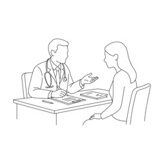 Doctor consulting with patient at desk, medical discussion line art illustration