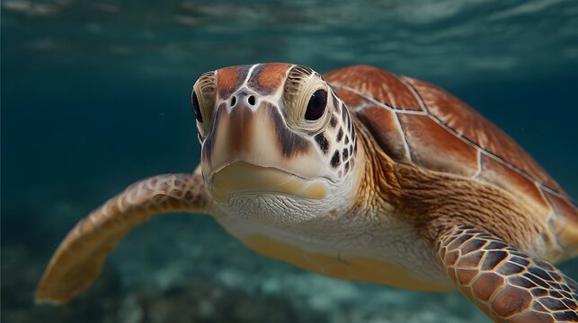A detailed close up view of a sea turtle swimming in the clear blue ocean showcasing its textured shell and serene expression - Powered by Adobe