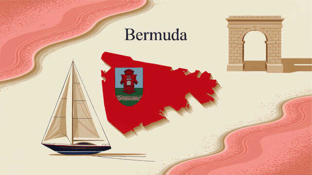 Bermuda travel illustration with island map, pink sand beach, sailing yacht and historic stone archway in vintage pastel style