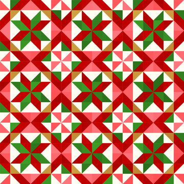 Festive seamless vector pattern with geometric stars, traditional colors red, green, beige, and white. Perfect for Christmas gift wrapping, cards, textiles, and seasonal design projects.