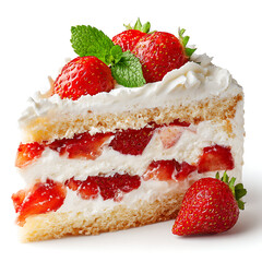 A slice of strawberry shortcake layered with cream and fresh strawberries, isolated on white background.