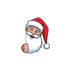 Santa Claus peeking from behind a white surface with a cheerful expression.